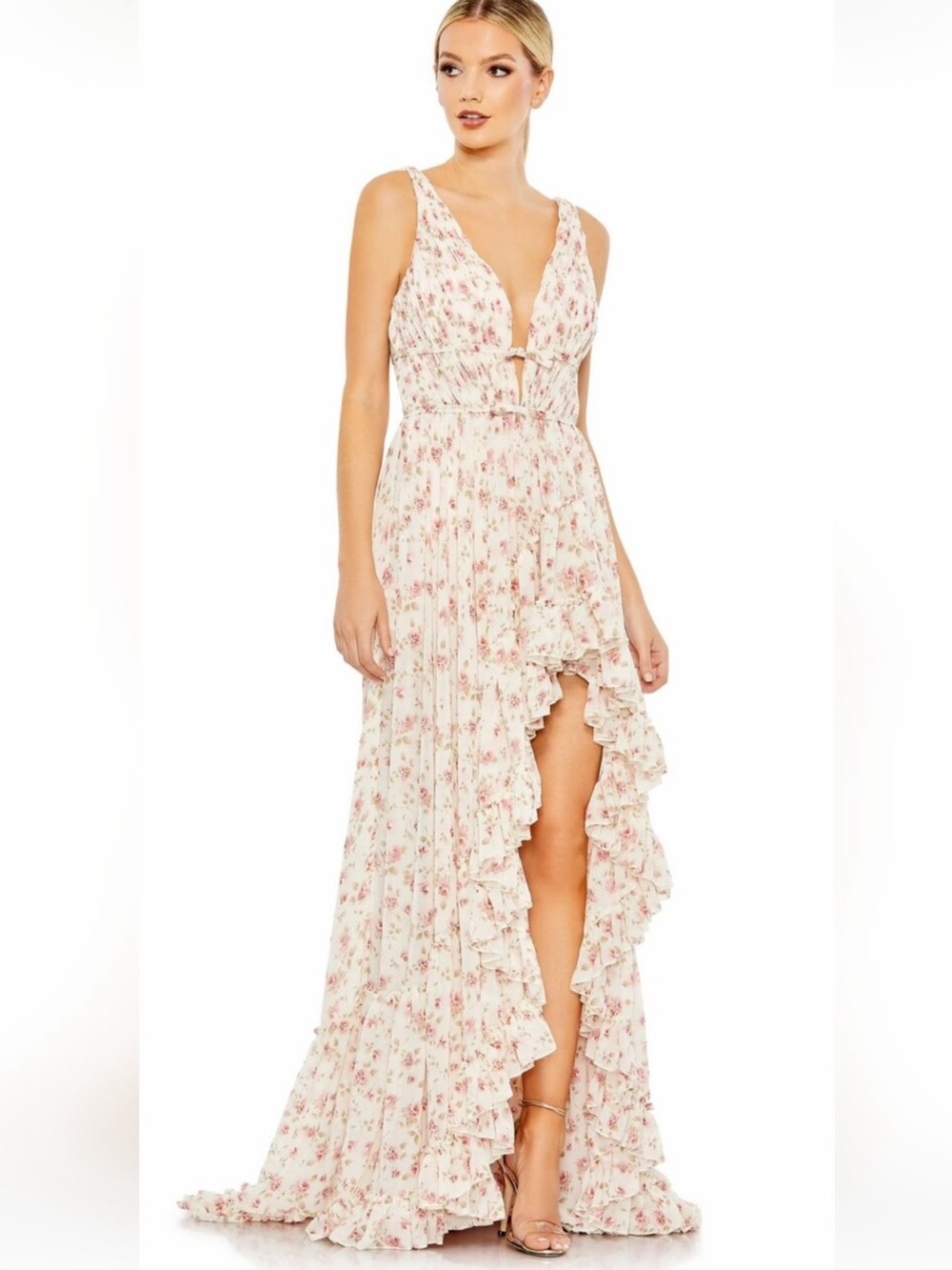 NWT- Mac Duggal Floral Ruffle High-Slit Maxi Dress in Cream and Pink size 10